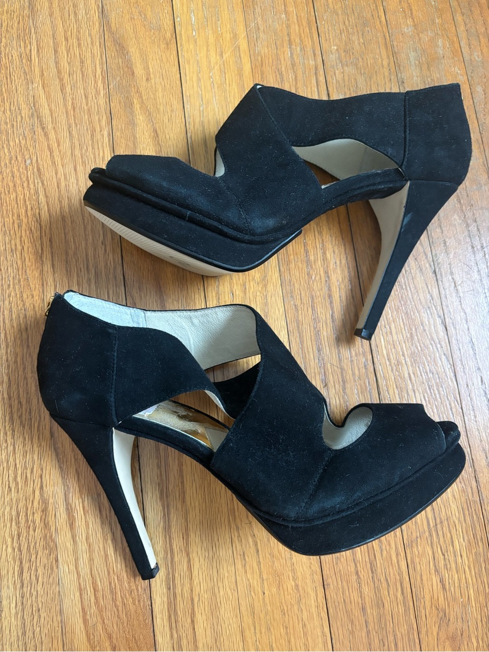 Michael Kors Black Suede Cutout Peep-Toe Platform Stiletto Heels